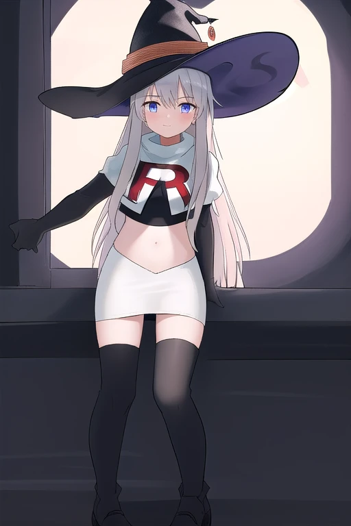 best quality, highly detailed, masterpiece, ultra-detailed, witch_hat, hat, 1girl, long_hair, solo, team rocket,team rocket uniform,white skirt,red letter R,crop top,black thigh-highs,black elbow gloves,looking_at_viewer, witch,