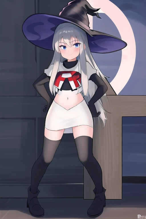 best quality, highly detailed, masterpiece, ultra-detailed, witch_hat, hat, 1girl, long_hair, solo, team rocket,team rocket uniform,white skirt,red letter R,crop top,black thigh-highs,black elbow gloves,looking_at_viewer, witch,