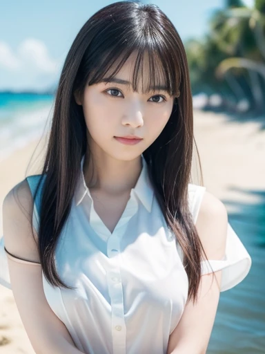 (RAW Photos: 1.2), (Realistic: 1.4), (highest quality: 1.4), Ultra-high resolution, (Fine Eyes),Full body photo,Gravure photo,1. High school girl,(Large Breasts),Black Hair,((White blouse)),Bright Eyes,Blushing,smile,Highly detailed face and skin texture, ...