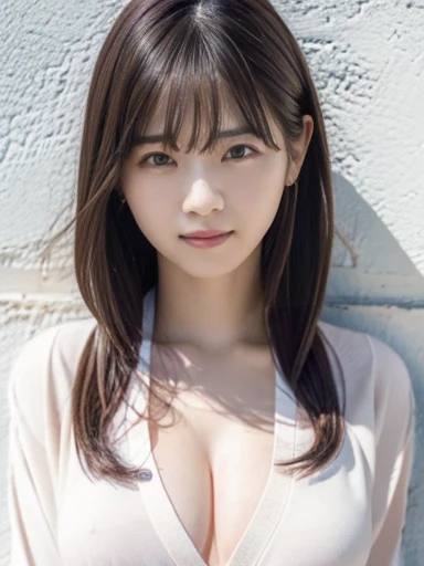 (RAW Photos: 1.2), (Realistic: 1.4), (highest quality: 1.4), Ultra-high resolution, (Fine Eyes),Nude Photos,Full body photo、Gravure photo,1. High school girl,(Large Breasts),You can see the chest、Black Hair,((White blouse、pastel cardigan)),Bright Eyes,Blus...