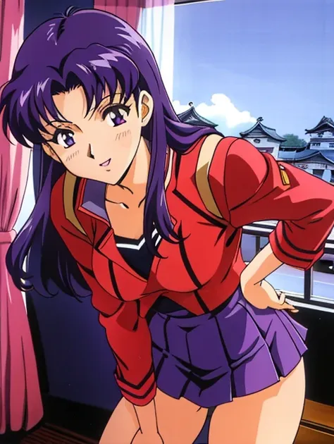 ((katsuragi castle_misato)), sailor suit, take a photo in the apartment, moderate_chest, purple hair, (analog quality:0.6), (fil...