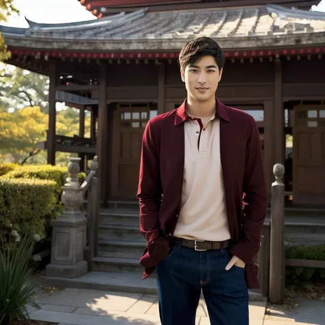 arafed asian man in red shirt standing in front of a pagoda, wearing a polo shirt, wearing red dress, Wear a red formal dress, reddish brown red, red shirt, Asian man, light stubble with red shirt, Portraitกลางช็อต, red shirt brown pants, Handsome Chad Chi...