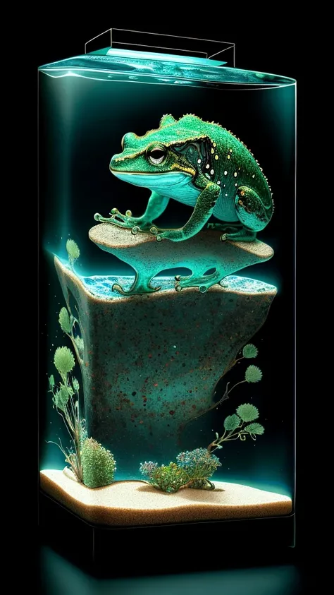 A captivating visual representation of a desert frog comfortably perched in a sleek, square aquarium. The frog boasts a striking green, mottled skin texture echoing the arid desert in his habitat. His bright, watchful eyes reflect wisdom of the harsh deser...