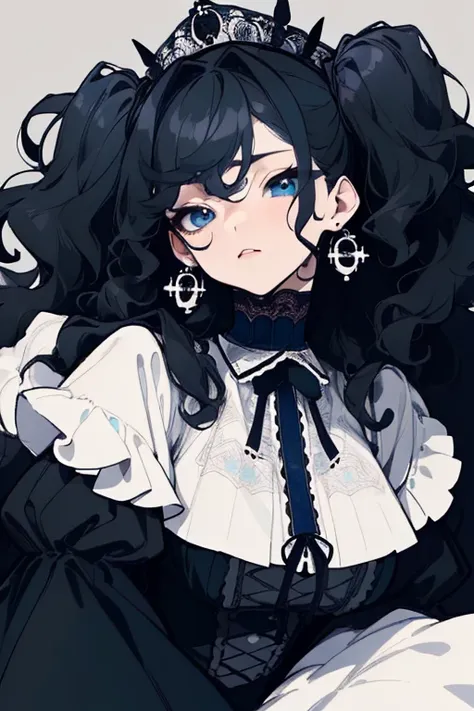 (highest quality、masterpiece:1.2), ((mature woman))huge , adult face、black hair、two side up、BLUE eyes, (dark eye shadow、lots of earrings) gothic dress, black dress, victorian dress, (((fluffy hair))), makeup, finely detailed, (best quality), (intricate det...