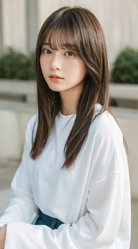 (highest quality、16K resolution)1 girl、solo、Natural soft light、small 、Japanese women、Looking into the camera、Long sleeve white T-shirt、Concrete Background、Look forward、standing、Beaver、Female in her late teens、Light bangs、short hair、Salon model、Natural look...