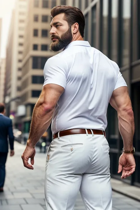 Mature man, very handsome, best quality, shirt formal white trousers, hairy chest , masterpiece, super high resolution, detailed background, reality, , single, 1 boy, muscle man, beard, in the city, muscle, facial hair, volumetric lighting, depth of field,...