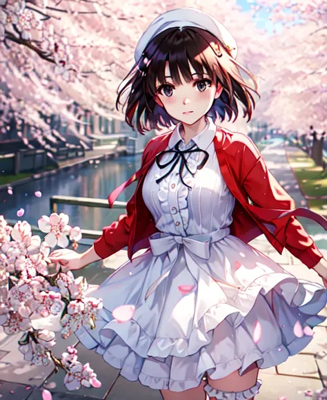 (masterpiece, highest quality, colorful, dynamic angle, most detailed:1.2)  cowboy shot,  
katou megumi, 
white dress, red jacke...