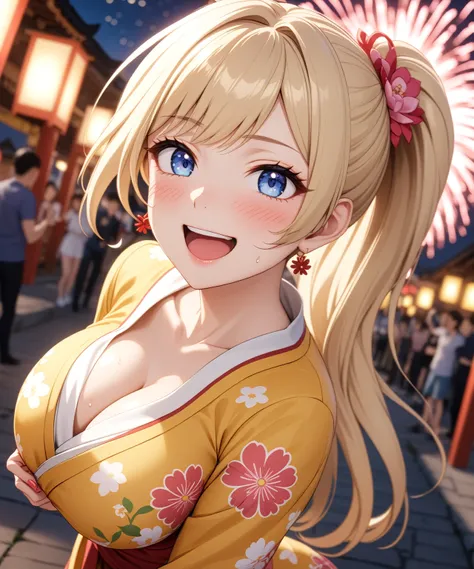 ((one personの女性)), Beautiful Face,Embarrassed and kind expression,Laugh embarrassedly,((Wink:1.6)),laugh with a big mouth,turn bright red,Sweat on the face,Glossy pink lips,night,Shrine festival sexpensives,firework, ((Anime style background)),masterpiece,...