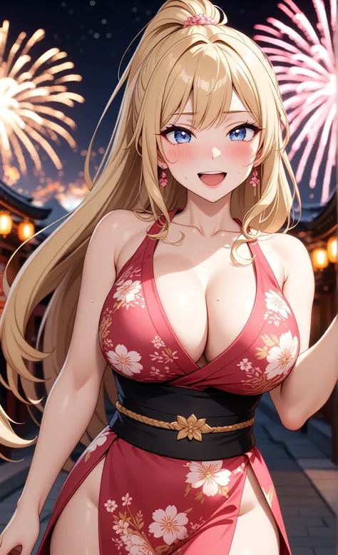 ((one personの女性)), Beautiful Face,Embarrassed and kind expression,Laugh embarrassedly,((Wink:1.6)),laugh with a big mouth,turn bright red,Sweat on the face,Glossy pink lips,night,Shrine festival sexpensives,firework, ((Anime style background)),masterpiece,...