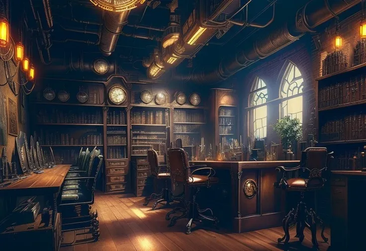 steampunk office with a table and chairs and a lot of lights, in a steampunk laboratory, magic laboratory setting, steampunk setting, fantasy alchemist laboratory, steampunk factory background, wizards laboratory, dieselpunk setting, alchemy laboratory, st...