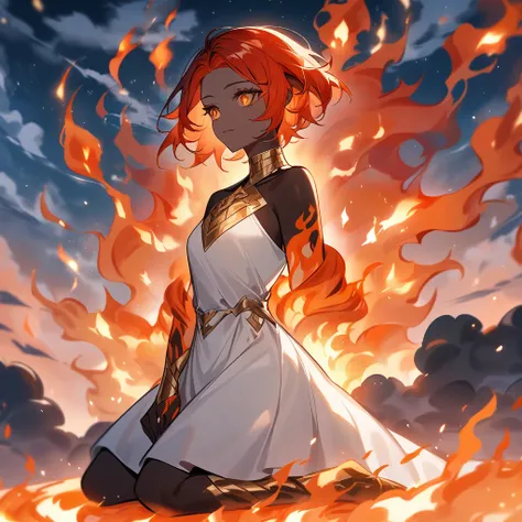 ((Kneeling surrounded by clouds in the sky)) Is a girl. The Character eyes shine like jasper, her neck is graven with gold, her skin is lunmious as the moon. Wearing a white dress. Red and orange mix  teal hair, burning with fire