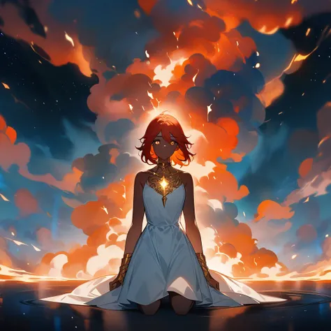 ((Kneeling surrounded by clouds in the sky)) Is a girl. The Character eyes shine like jasper, her neck is graven with gold, her skin is lunmious as the moon. Wearing a white dress. Red and orange mix  teal hair, burning with fire