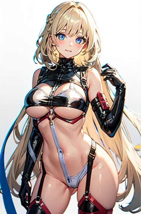 porn costume, hair_that&#39;s all_One_eye, Underbust,, ultra detailed, masterpiece, highest quality, beautiful, detailed,, alone, A kind smile, A light smile,
One girl, blue eyes, very long hair, blonde hair, long blonde hair, French Braid, 前hair, Big Brea...