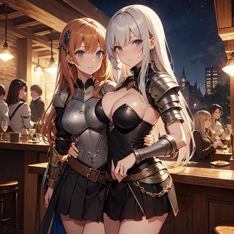 A group of  female medieval fantasy adventurers, (in tavern), various hair styles, harem, night, details face, short skirt, seducing, sleeveless, armor, bare breast 