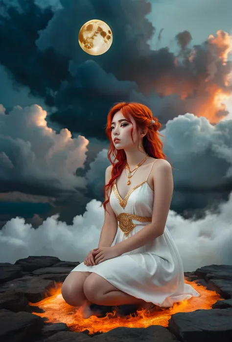 photography, high detail, realistic, ((Kneeling surrounded by clouds in the sky)) Is a girl. The Character eyes shine like jasper, her neck is graven with gold, her skin is lunmious as the moon. Wearing a white dress. Red and orange mix  teal hair, burning...