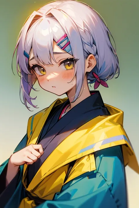 Short white hair, blush, 、Headbang 2.、、Braiding、2 hair clips、Tie your hair up、Yellow and blue clothes、Okinawan style、The image of the face remains the same、Iyyah sasar、