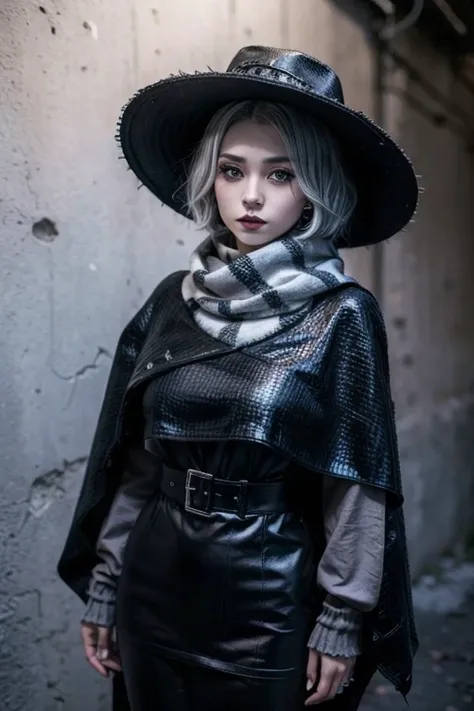 poncho,short hair, gothic makeup, black lipstic,silver hair, coboy hat, scarf,garami, medium breast, tomboy, standing, full body