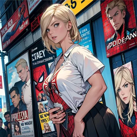 Elisha Cuthbert、マーベルコミックの映画Poster、so beautiful、Movies about Spider-Man、sexy、whole body、Wearing a skirt、Premiere Date、Poster、belly buttonを突き出す、new york、She&#39;s wearing a ripped Spiderman suit、The suit is torn、Wearing a skirt、Red and black color scheme、dyn...