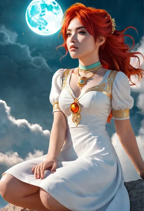 (photorealistic:1.7), (Stylish pose), (((Kneeling surrounded by clouds in the sky)) Is a girl. The Character eyes shine like jasper, her neck is graven with gold, her skin is lunmious as the moon. Wearing a white dress. Red and orange mix  teal hair, burni...