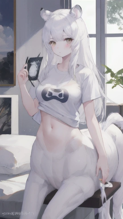 (best quality, masterpiece), 1 girl, centaur, It takes,White skin,  belly button t-shirt, 아름다운 소녀 perfect white tiger photo, perfect white tiger photo