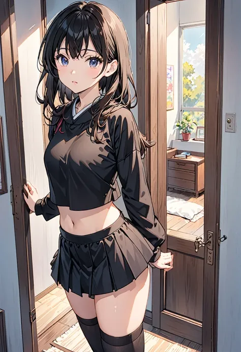 Anime girl
wearing a black crop top and small skirt with thigh high socks in a bedroom leaning against the door frame