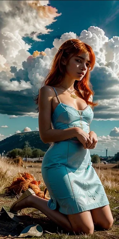 (((Kneeling surrounded by clouds in the sky)) Is a girl. The Character eyes shine like jasper, her neck is graven with gold, her skin is lunmious as the moon. Wearing a white dress. Red and orange mix  teal hair, burning with fire