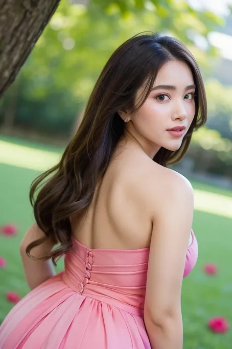 a beautiful girl with a busty figure and a mesmerizing face wearing a lemonade pink 1-shoulder dress in a field of colorful rose...