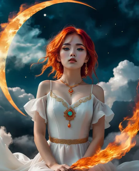 ((Kneeling surrounded by clouds in the sky)) Is a girl. The Character eyes shine like jasper, her neck is graven with gold, her skin is lunmious as the moon. Wearing a white dress. Red and orange mix  teal hair, burning with fire