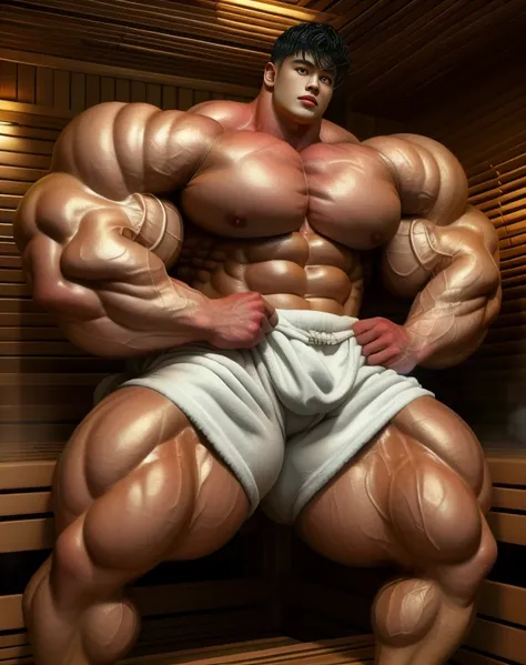 1 asian men, handsome, giant, buzz black haircut, model shoot style, looking at camera, standing, posing arms, indoor, in the sauna, illuminating light, strong body, bulk, naked, wear white swimwear underpants, bulge, big, brutalmass, giant, muscular body,...