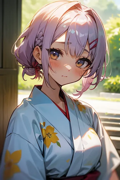 Short white hair, blush, 、Headbang 2.、、Braiding、2 hair clips、Tie your hair up、Okinawan style、The image of the face remains the same、Iyyah sasar、Okinawa Costume、