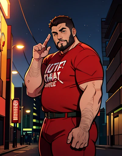 1 chubby man with extremely thick thighs , Careca, obeso, homem de meia idade, camisa branca aberta mostrando a barriga e peitoral usando apenas sunga vermelha e meias, parado na rua, looking at the sky, noite em uma cidade cyberpunk , dim street lamp, tal...