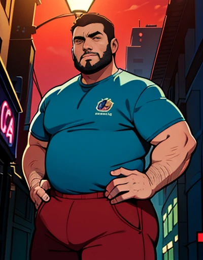 1 chubby man with extremely thick thighs , Careca, obeso, homem de meia idade, camisa branca aberta mostrando a barriga e peitoral usando apenas sunga vermelha e meias, parado na rua, looking at the sky, noite em uma cidade cyberpunk , dim street lamp, tal...