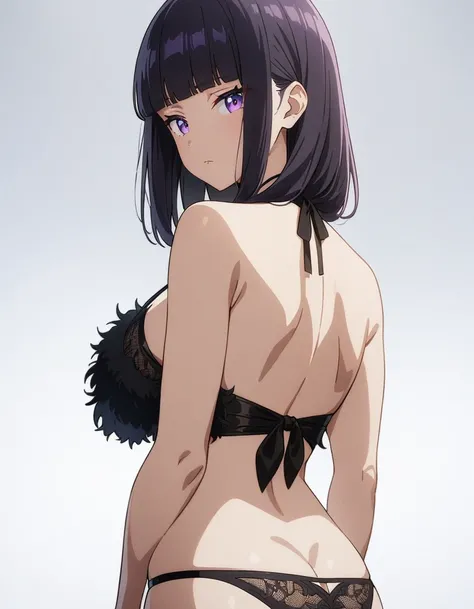 masterpiece, best quality, very aesthetic, absurdres, 1girl, beautiful face, slant eyes, blunt bangs, black violet hair, shaggy hair, straight hair, full bust, glamorous, bikini, anime artwork, highly detailed, cowboy shot, back view, looking at viewer