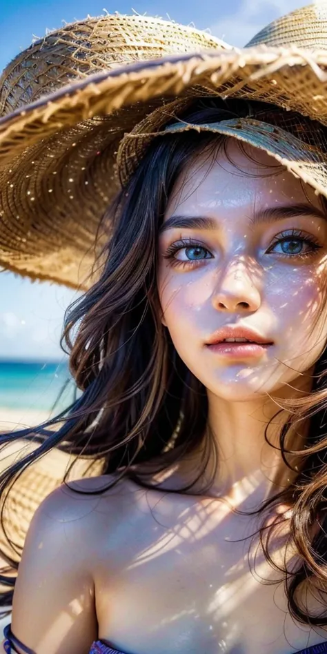 1girl in a beach wearing a swimsuit and a big hat, detailed facial features, beautiful detailed eyes, beautiful detailed lips, extremely detailed face and skin, longeyelashes, golden hour sunlight, glowing skin, ocean waves, sandy beach, detailed backgroun...