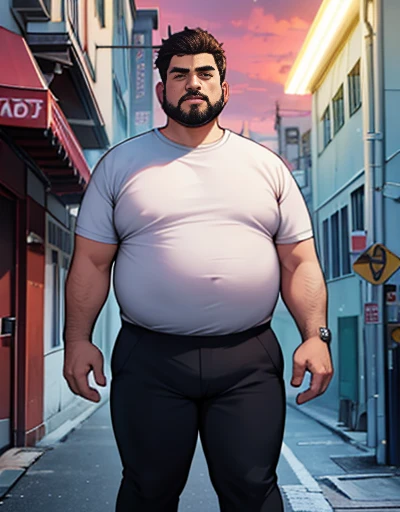 1 chubby man with extremely thick thighs , Careca, obeso, homem de meia idade, camisa branca aberta mostrando a barriga e peitoral usando apenas sunga vermelha e meias, parado na rua, looking at the sky, noite em uma cidade cyberpunk , dim street lamp, tal...