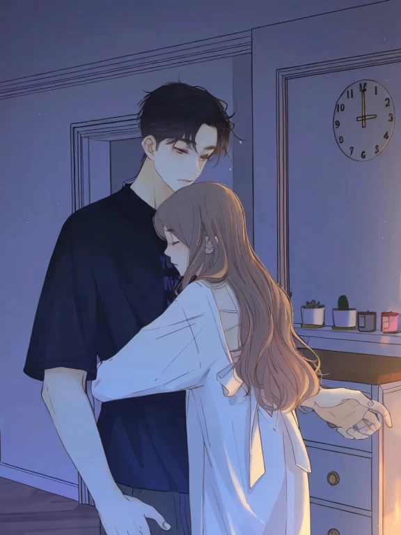 The heroine came out of the bath and hugged the boys waist with both hands，The boy looked at the girl affectionately，And wanted to reach out and hug the girl back