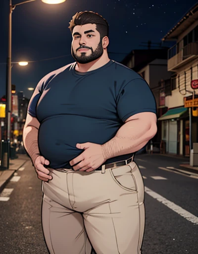 1 chubby man with extremely thick thighs , Careca, obeso, homem de meia idade, camisa branca aberta mostrando a barriga e peitoral usando apenas sunga vermelha e meias, parado na rua, looking at the sky, noite em uma cidade cyberpunk , dim street lamp, tal...