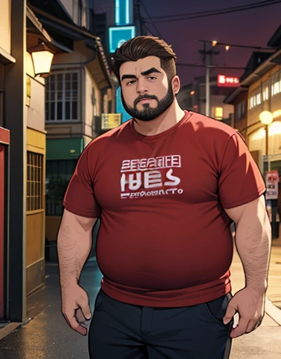 1 chubby man with extremely thick thighs , Careca, obeso, homem de meia idade, camisa branca aberta mostrando a barriga e peitoral usando apenas sunga vermelha e meias, parado na rua, looking at the sky, noite em uma cidade cyberpunk , dim street lamp, tal...