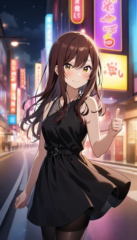 1girl, osaki_amana, osaki_tenka, black hair, shiny_colors, blush, sleeveless, bare shoulder, night, warm glow, outdoor, official art,  road, hitch-hike, half-closed_eyes, looking at viewer, medium breasts,  from front view, complex_background, , thumbs-up,...