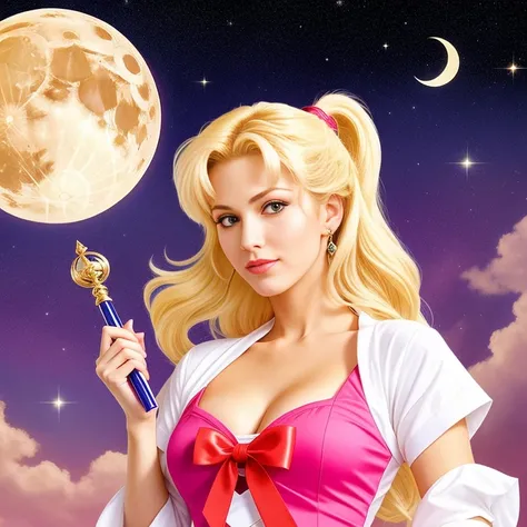 "(Mature and realistic depiction:1.2) Sailor Moon confidently wielding the Moon wand, her flowing blonde hair, dressed in trendy 2000s fashion."