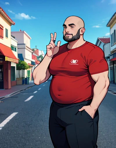 1 plump man with extremely thick thighs , Careca, obeso, homem de meia idade, camisa branca aberta mostrando a barriga e peitoral (((usando apenas sunga vermelha))), parado , looking at the sky, dia na praia  , dim street lamp, talking to the viewer gestur...