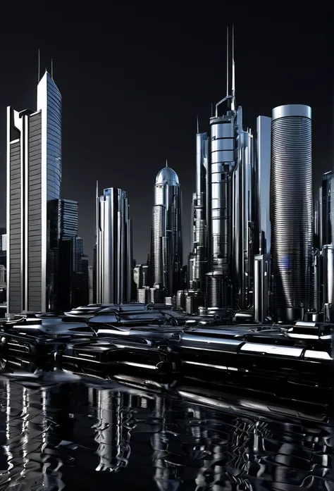 a futuristic city, liquid metal, metallic silver, simple black background, metallic silver background, reflection, 8k, wallpaper, extremely detailed CG unit, masterpiece, high resolution, top-quality, top-quality real texture skin, hyper realistic, increas...