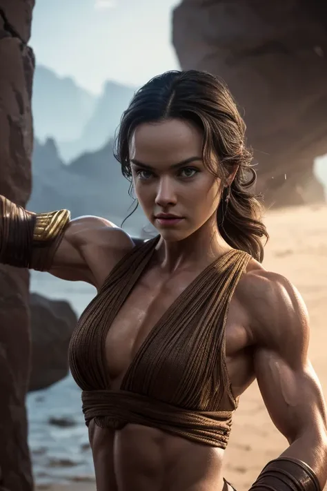 daisy ridley as rey from star wars, (flexing veiny bicep pose:1.35), long flowing hair, brown eyes, seductively smiling, flirtat...