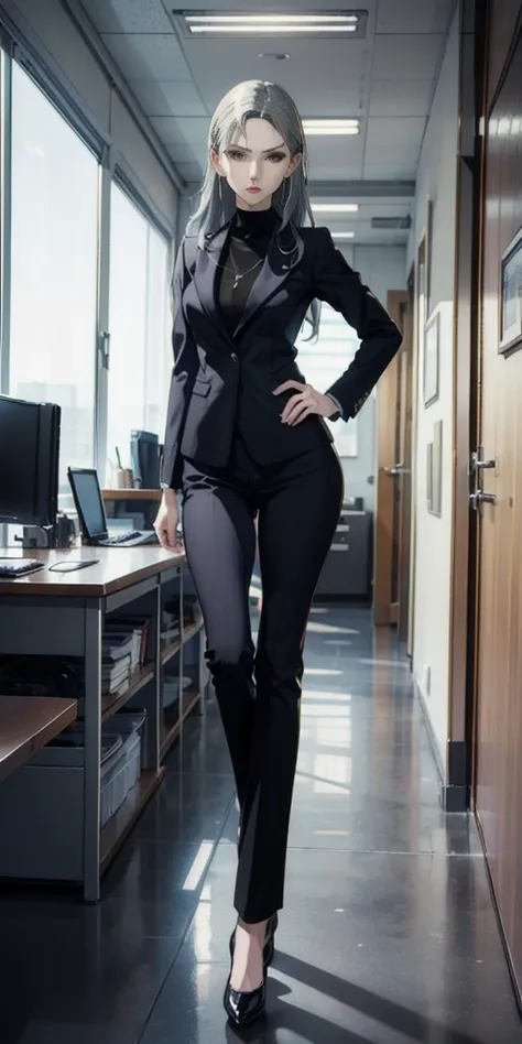 (((masterpiece))) Sae Niijima, wearing an office lady suit, long pants, in an office, standing, serious looks, bright