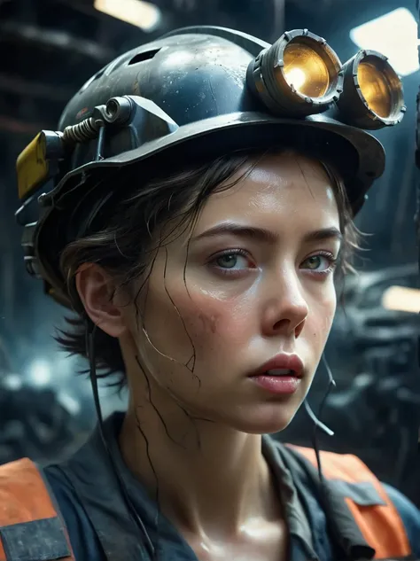 (Vision:1.4), (Wide Angle:1.3), Analog style, high resolution, (((masterpiece))), Coal miners, woman, (dirty:1.4), Cyberpunk, Futuristic, Science Fiction, Very detailed, short hair, Award-winning poster, (((1.4 times more realism))), Emphasize body lines, ...