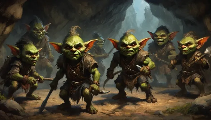 a ragtag horde of goblins, hordes of goblins, goblins charging at viewer, goblins surging forward, evil goblins, hungry goblins,...