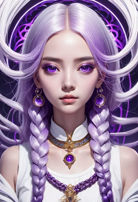 portrait of a deep psychedelic therapist, surrealism, hallucinogens, 1 girl, yinji, purple hair, purple eyes, long hair, white h...