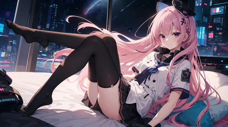 A girl，solo，Pink long hair，gentle，Smile，Medium long hair，Dissemination，White short sleeve，White short sleeve游戏服，Black skirt，Black underwear，Black gloves，Cyberpunk Characters,on the bed，Glass Windows，Space background, Anime style 4k，Black stockings，mitsukas...