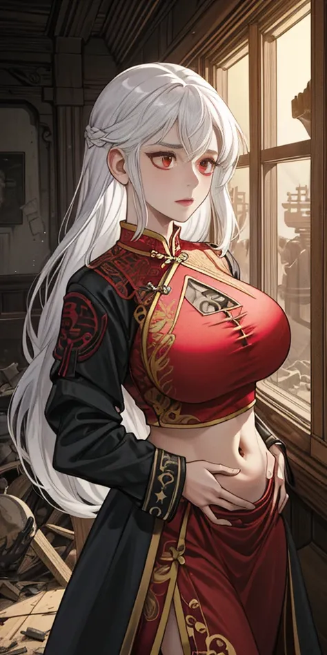 1female, White hair, Red eyes, (woman，Royal Sister_Shot:1.2), breasts focus, Long hair, side locks,Dangerous expressions，Extreme panic，Chest close-up front，After being violated ，Scared,(terrified:1.1) expression, Place one hand behind your back, Atmospheri...