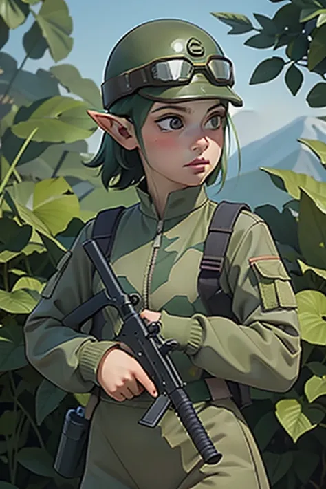 1female elf ,elfa militar,vestimenta militar,green camouflage uniform and wearing a helmet with goggles,holding firearm in your hands, parecendo estar pronta para o combate. The image depicts a military female elf, com um semblante determinado, positioned ...